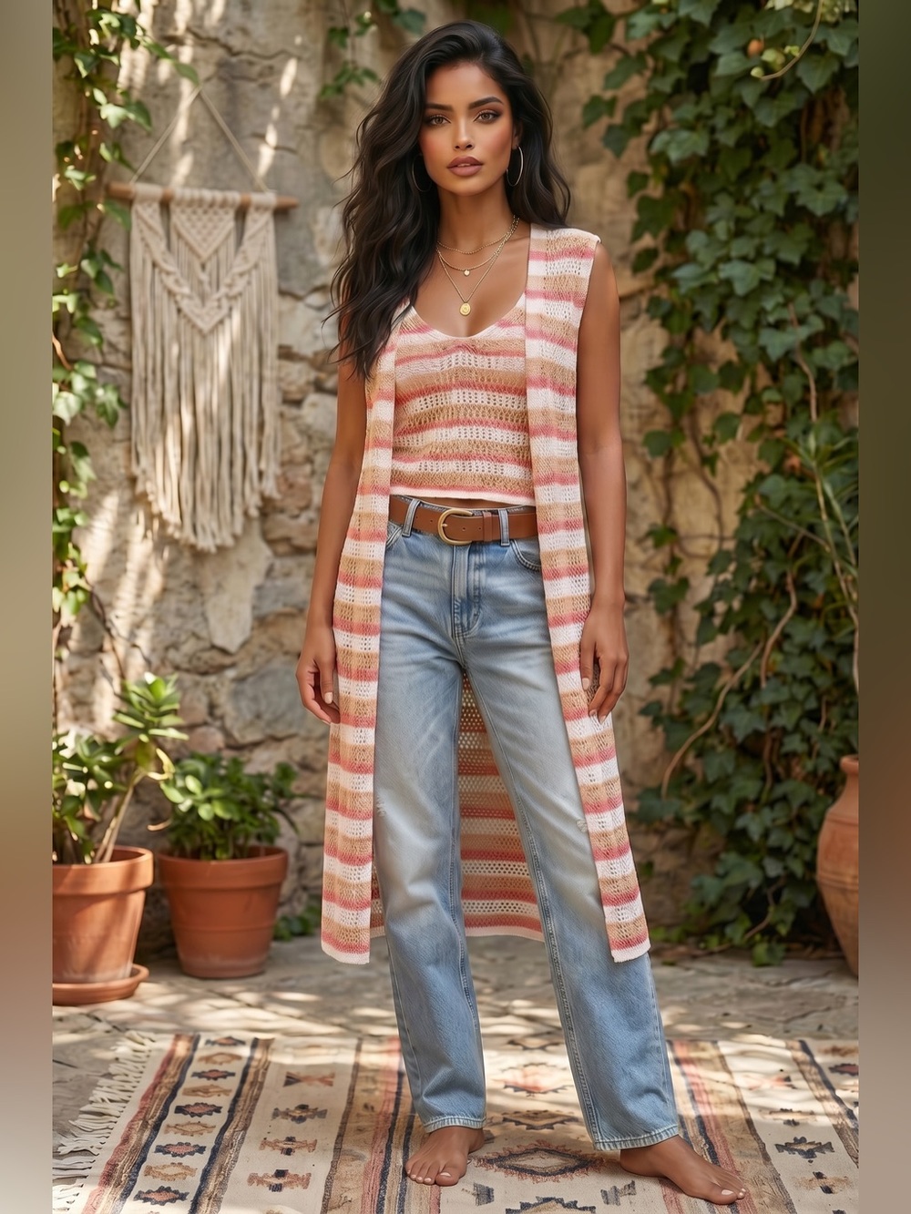 🌟B716. Stylish Boho Striped Crochet Knit Tank & Duster Set